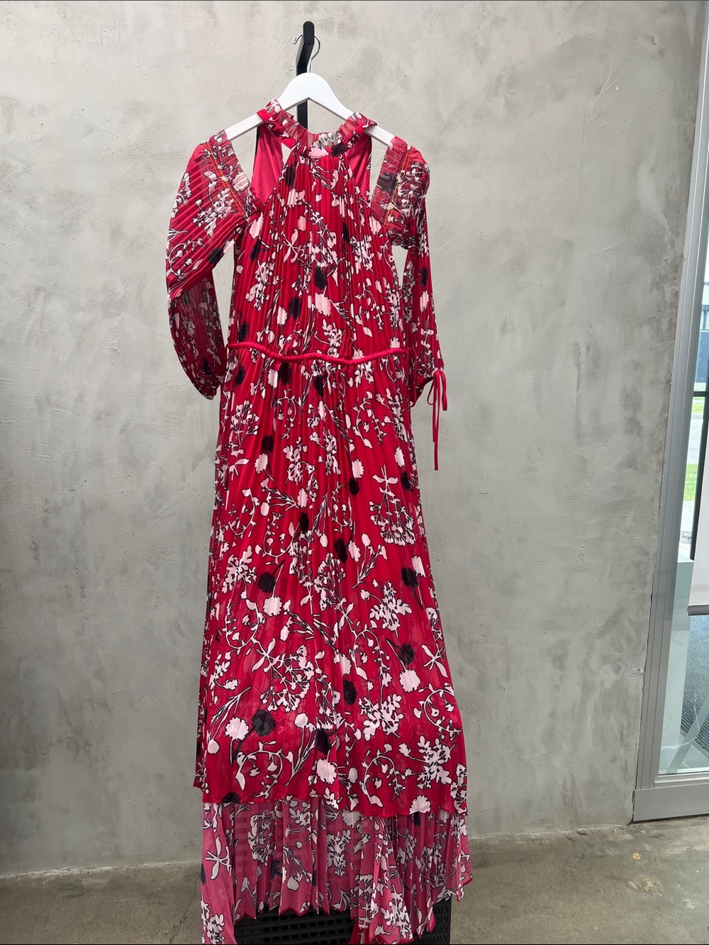 Red Floral High-Neck Chiffon Maxi Dress